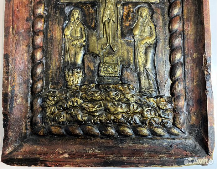 Старинная икона ставротека Голгофа - резьба - лить