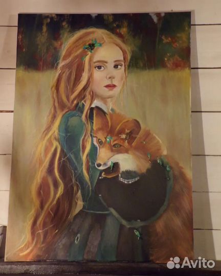 Картина маслом на холсте осенний пейзаж с лисой