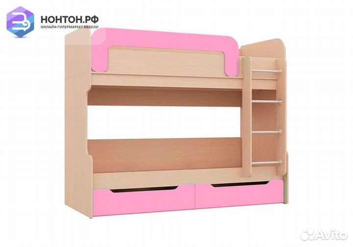Двухъярусная кровать Юниор-1 розовый / дуб беленый