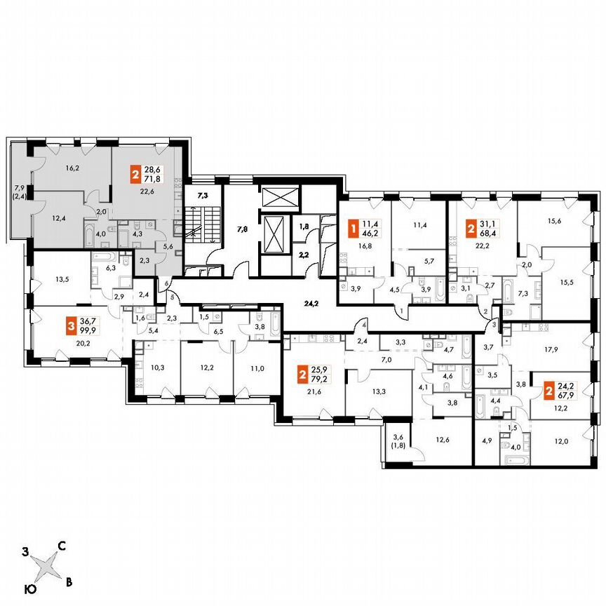 2-к. квартира, 71,8 м², 9/16 эт.