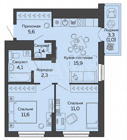 2-к. квартира, 52,8 м², 9/25 эт.