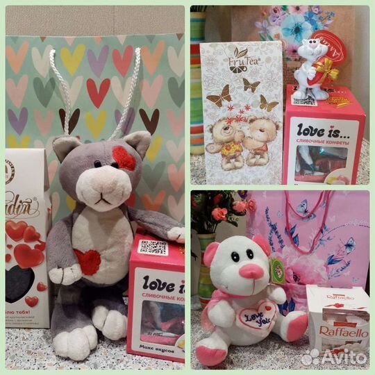 Мягкие игрушки Котик, Мишка. Подарочные наборы