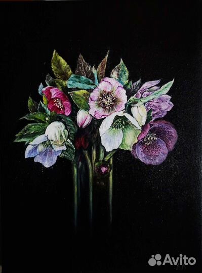 Интерьерная картина маслом цветы черная