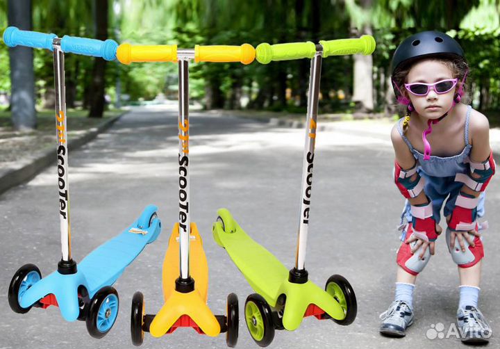 Самокаты трёхколёсные LED-колёса. Большой выбор