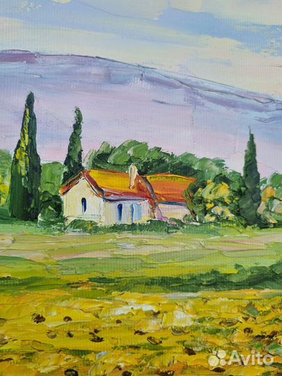 Картина маслом с подсолнухами на холсте пейзаж