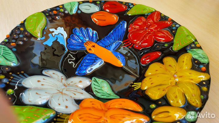 Тарелка птичкой из стекла ручной работы