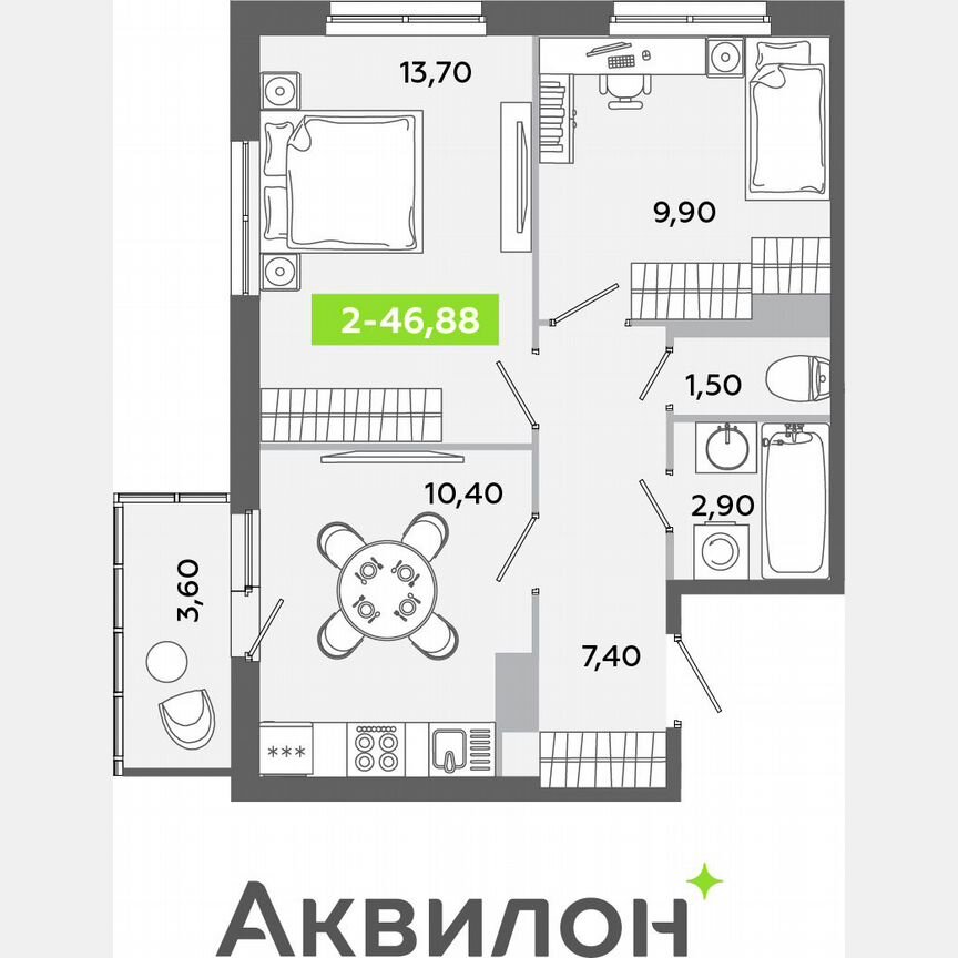 2-к. квартира, 46,9 м², 6/12 эт.