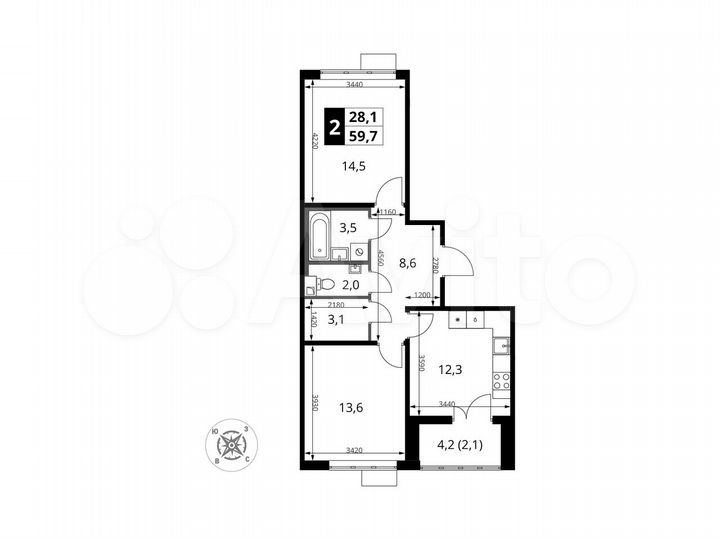 2-к. квартира, 59,7 м², 15/16 эт.