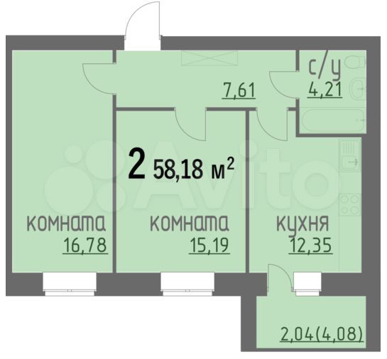 2-к. квартира, 58,2 м², 6/9 эт.