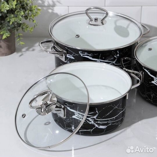 Набор кастрюль 'Черный мрамор-1-элит', 3 предмета