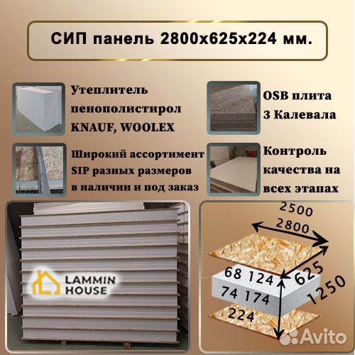 SIP панели 2800Х1250Х174 мм
