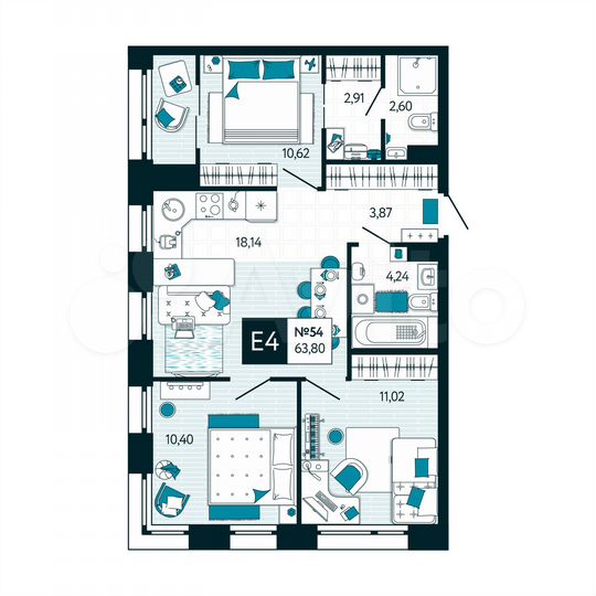 3-к. квартира, 63,8 м², 5/15 эт.