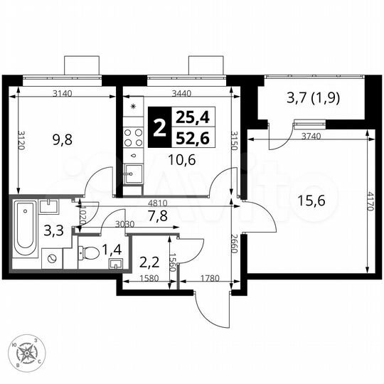 2-к. квартира, 52,6 м², 11/17 эт.
