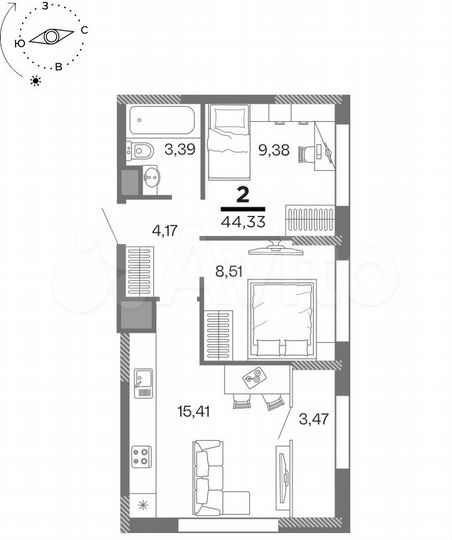 2-к. квартира, 44,3 м², 7/25 эт.