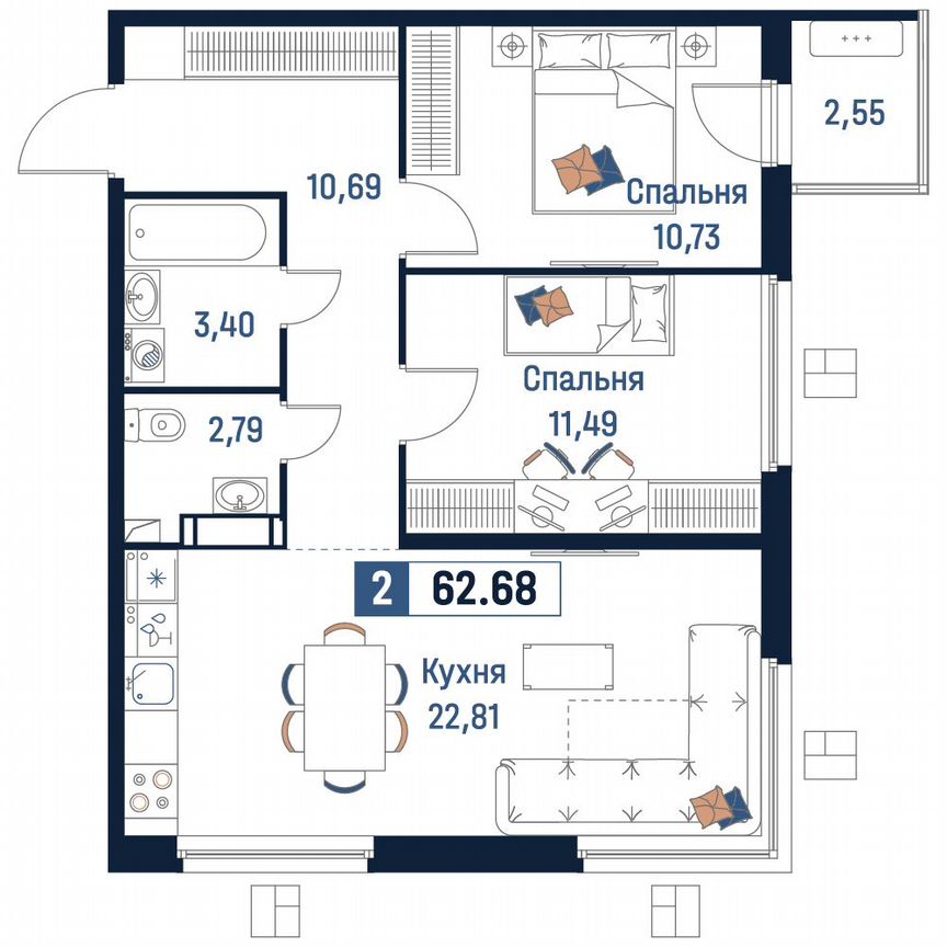 2-к. квартира, 62,7 м², 13/18 эт.