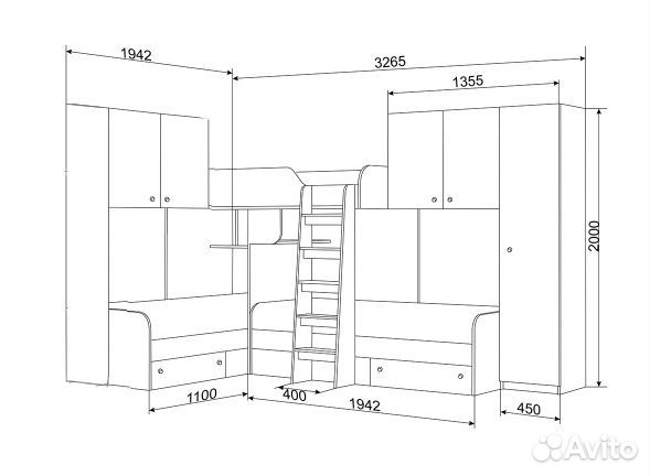 Кровать со шкафом/П и антресолями Дуб Молочный/Вен
