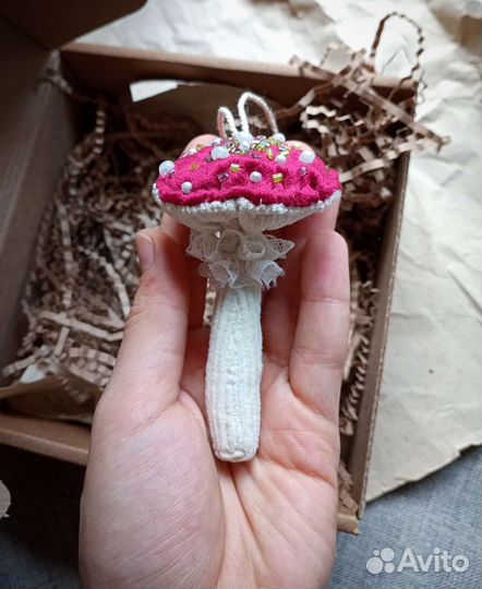 Грибы текстильные ёлочные игрушки мухоморы розовые