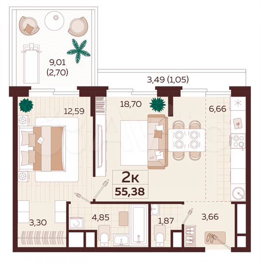 2-к. квартира, 55,4 м², 8/9 эт.