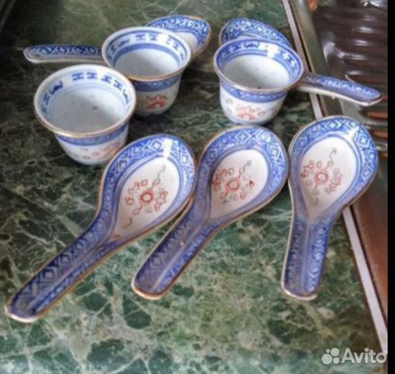 Старинный китайский сервиз голубой рисовый дракон