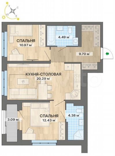 2-к. квартира, 65,4 м², 12/22 эт.