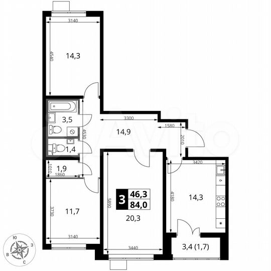 3-к. квартира, 84 м², 15/25 эт.