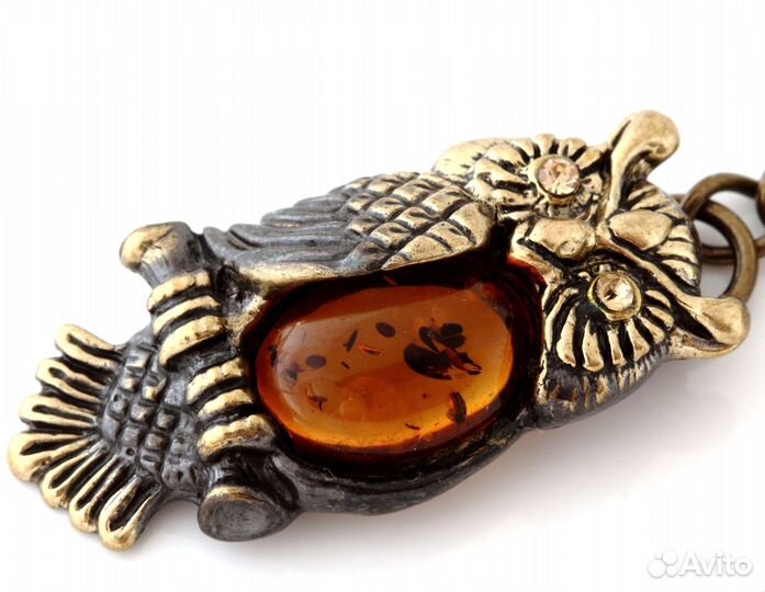 Брелок для ключей Сова латунь янтарь