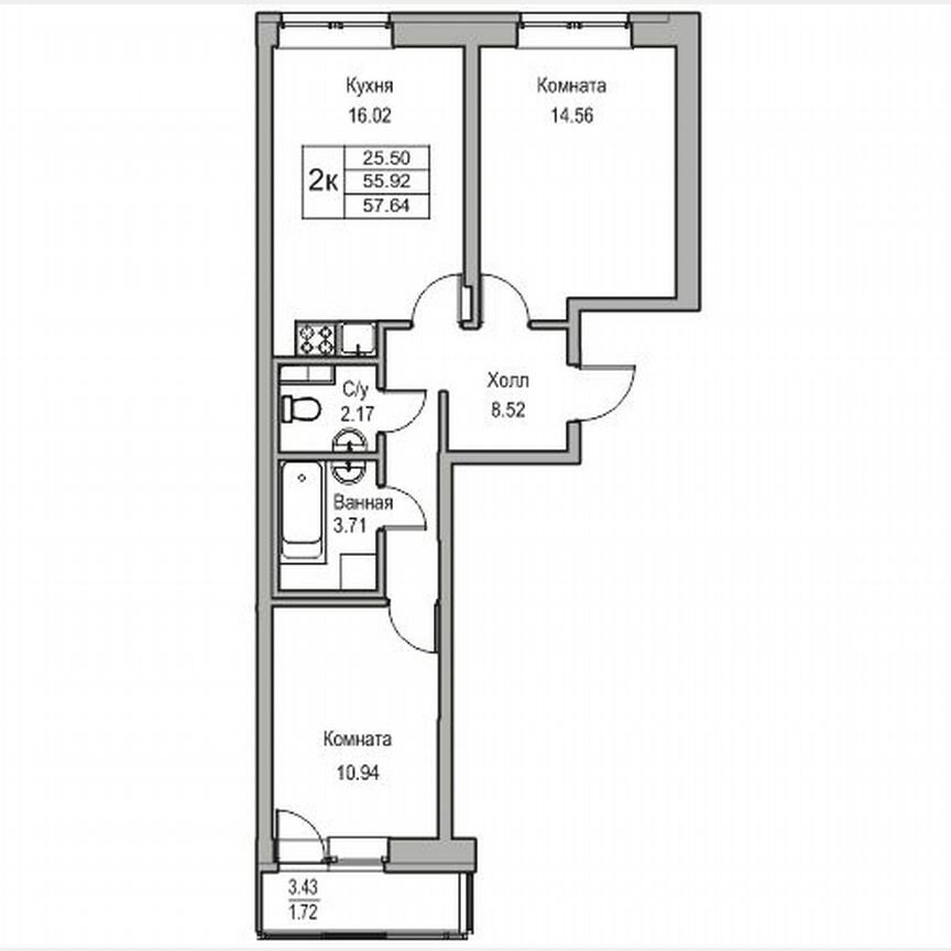 2-к. квартира, 57,6 м², 2/23 эт.