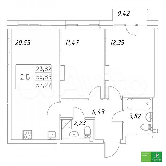 2-к. квартира, 57,3 м², 5/8 эт.