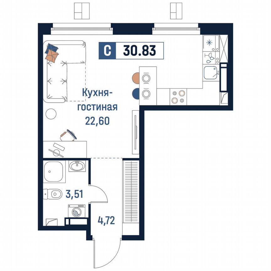 Квартира-студия, 30,8 м², 6/18 эт.