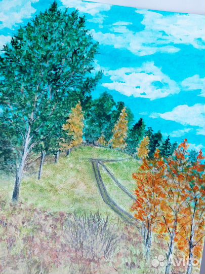 Авторская картина А4 Осень в лесу акварель