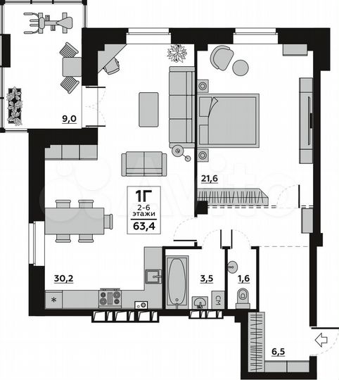 1-к. квартира, 63,4 м², 4/6 эт.