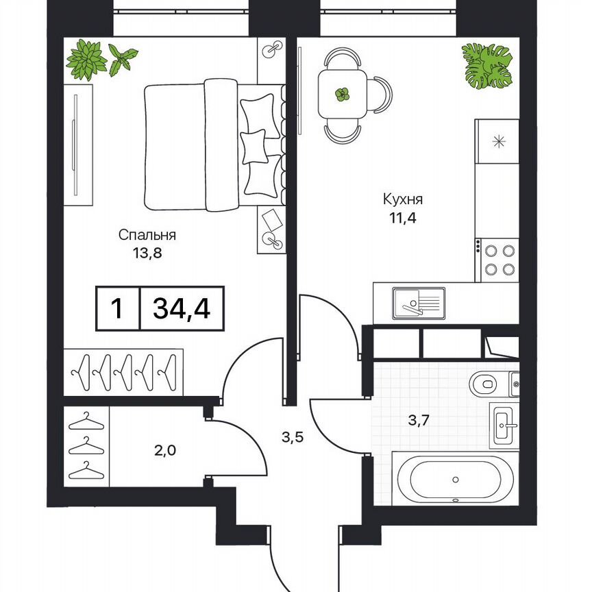 1-к. квартира, 34,4 м², 8/17 эт.