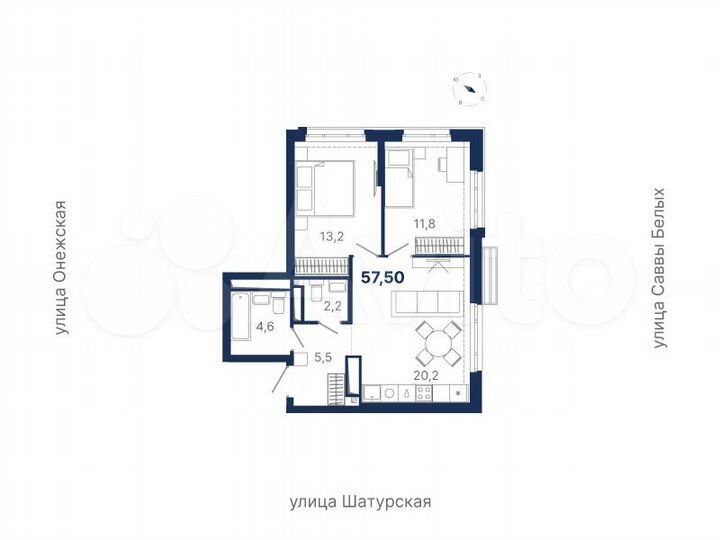 2-к. квартира, 57,5 м², 18/21 эт.