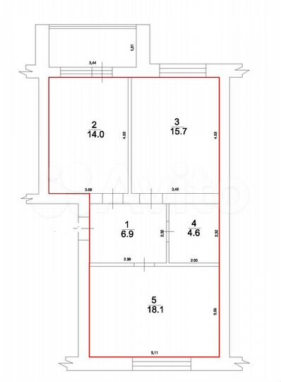 2-к. квартира, 61,9 м², 3/5 эт.