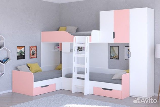 Кровать детская для троих детей со шкафом Сонома/С