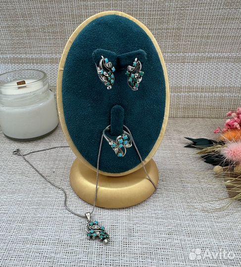 Серьги кольцо и кулон серебро 925 бирюза фианиты