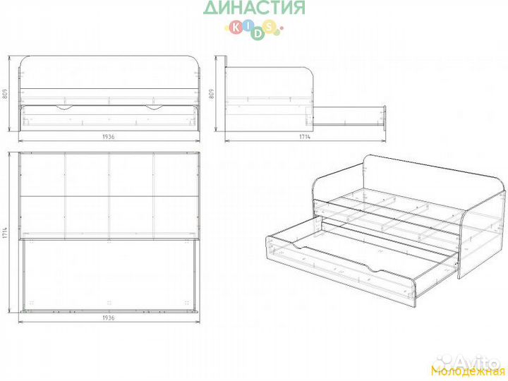 Кровать-чердак Мозаика+кровать Двушка Вяз швейцарский 190х90