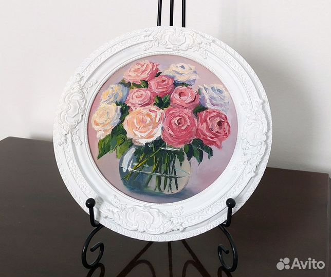 Картина маслом в раме Цветы Букет роз в вазе