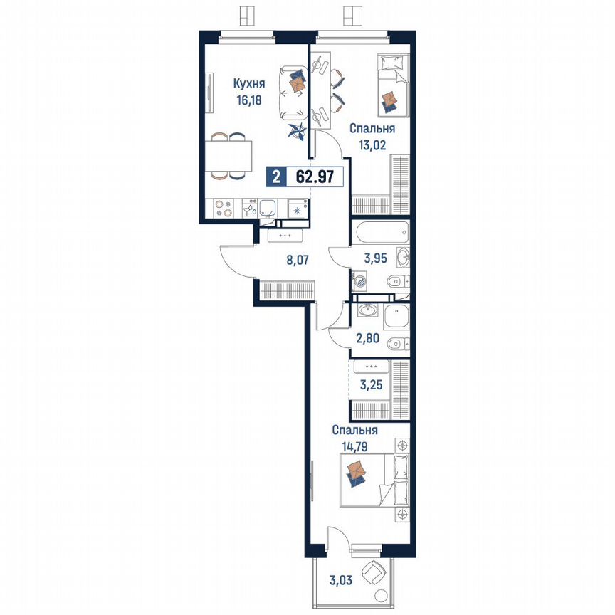 2-к. квартира, 63 м², 9/18 эт.