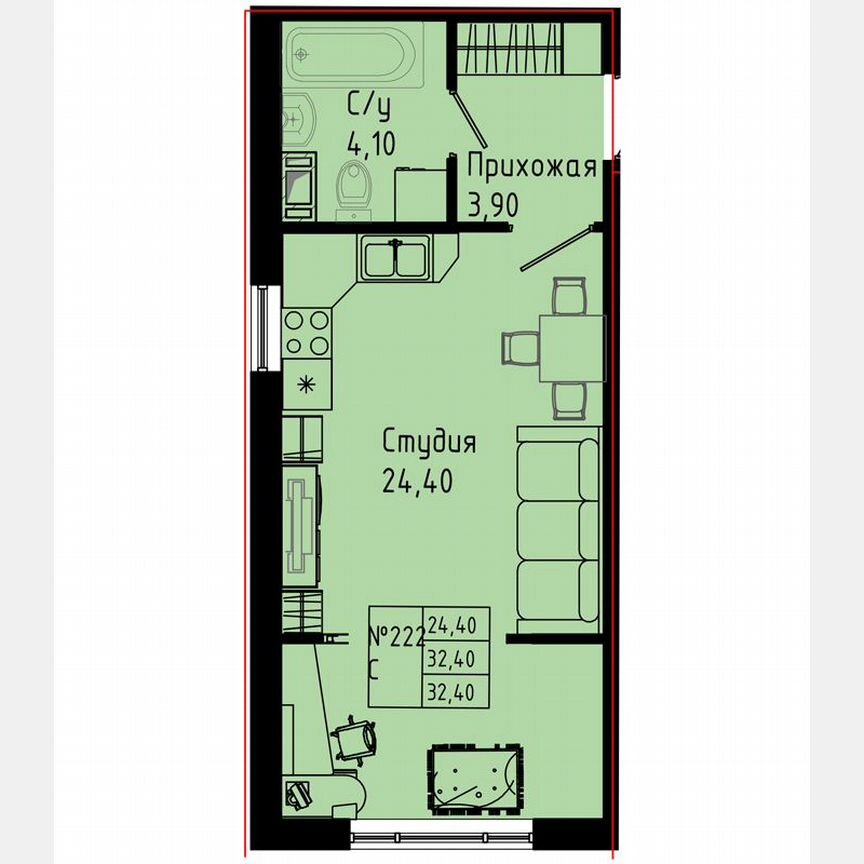 Квартира-студия, 32,4 м², 7/8 эт.