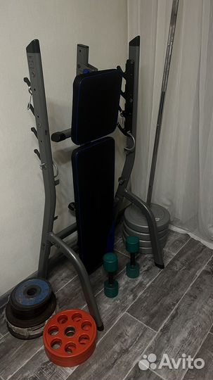 Скамья для жима с блинами и грифом + гантели