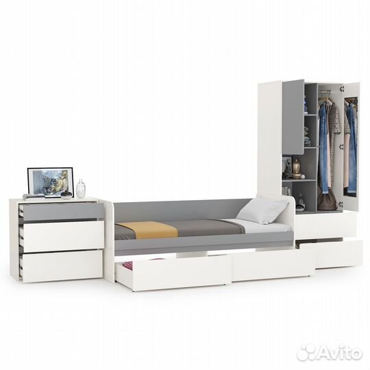 Молодёжная мебель Торонто № 21, цвет белый шагрень/стальной серый, шхгхв 354х84,4х195,7 см, спальное