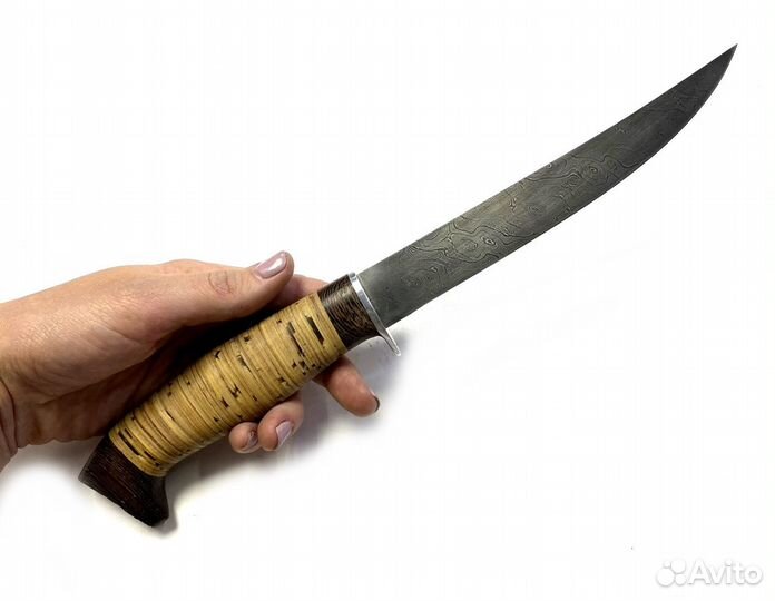 Нож филейный Судак, дамасская сталь, береста