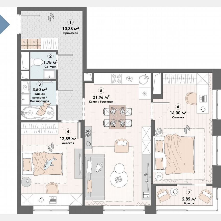 2-к. квартира, 69,4 м², 6/23 эт.