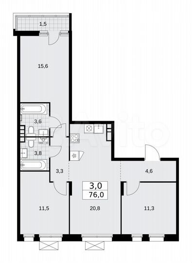 3-к. квартира, 76 м², 8/15 эт.