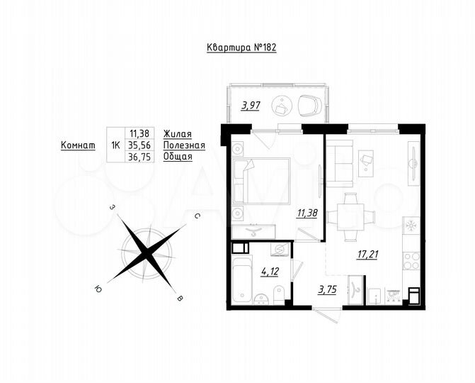 1-к. квартира, 37,7 м², 2/5 эт.