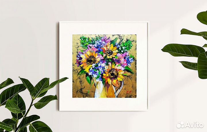Картина маслом на холсте цветы подсолнухи 33/33 см