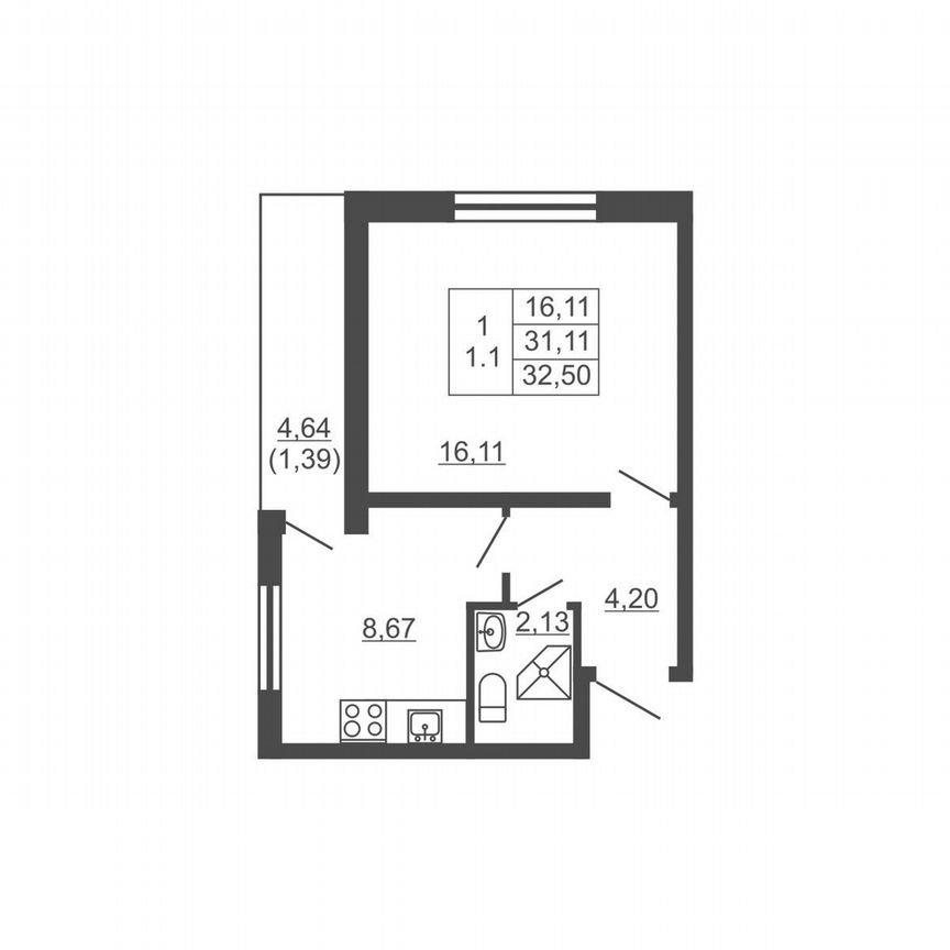 1-к. квартира, 32,5 м², 8/16 эт.