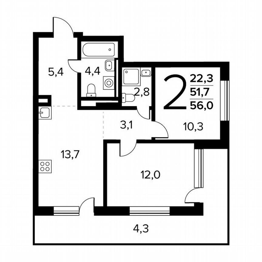 2-к. квартира, 56 м², 1/14 эт.