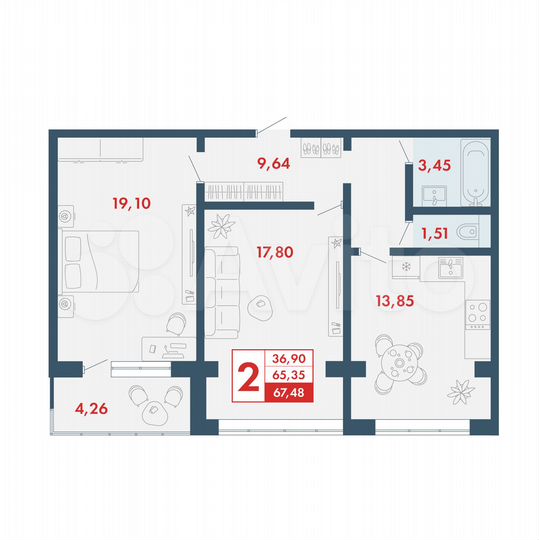 2-к. квартира, 67,5 м², 7/16 эт.